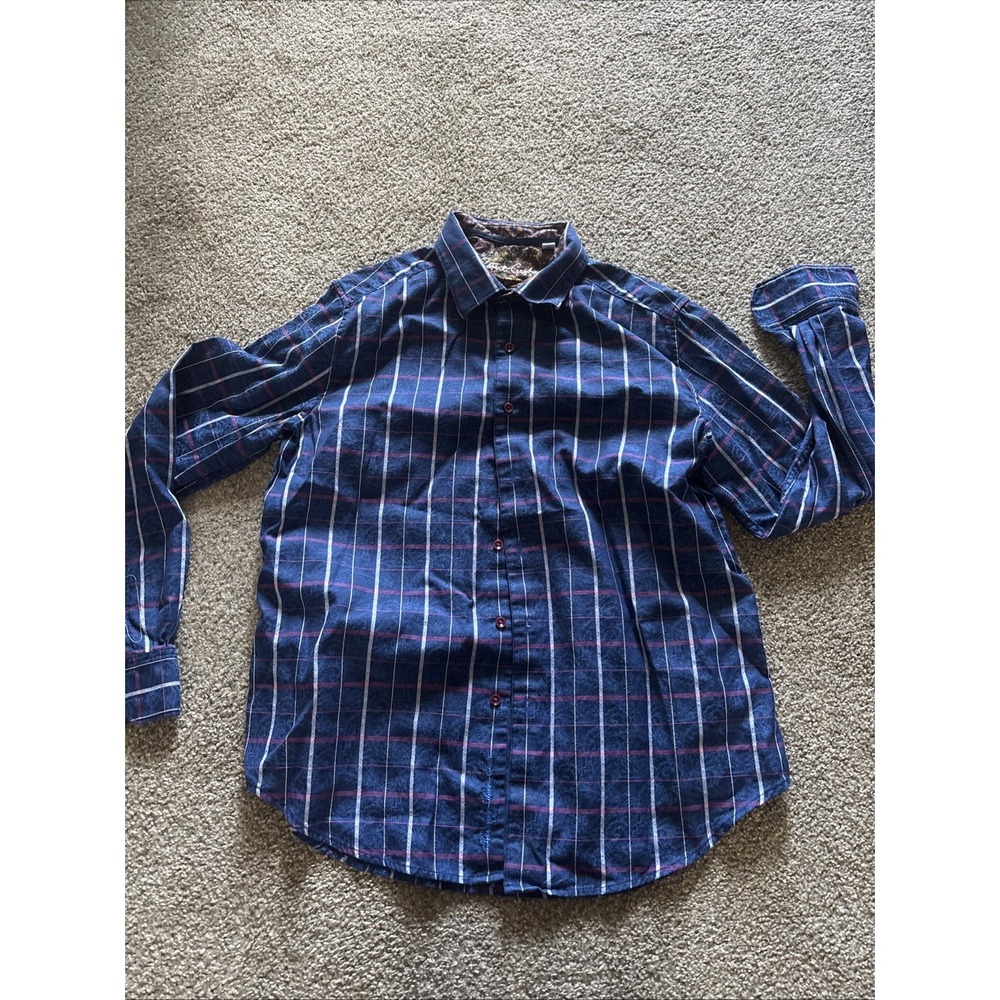 Mens Blue Plaid Robert Graham Plaid Button Up Long Sleeve Shirt Size XL